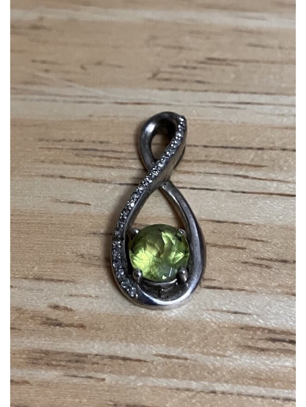 925 Sterling Silver Infinity Pendant Green Peridot Diamond Accent August Births